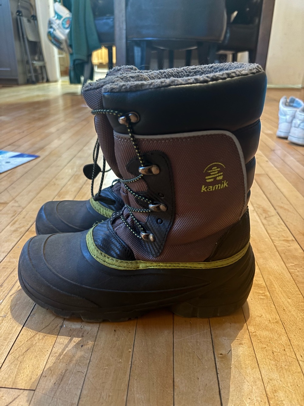 Kamik Kids Brown and Black Insulated Snow Boots with Green Trim